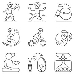 Fototapeta premium Lifestyle thin line icons set. Healthy lifestyle, sport, diet, entertainment icon. Editable stroke. Vector illustration with white background
