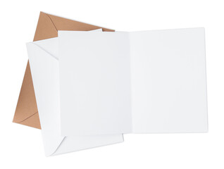 Blank greeting card and paper envelopes on white background, top view