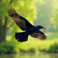 Fototapeta premium Close-up of a black bird with shiny feathers and sharp beak in flight over a minimalist landscape , black and white, crow