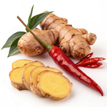 Fresh ginger root, red chili peppers isolated on white background as spicy raw vegetable ingredients for healthy cooking and a balanced diet