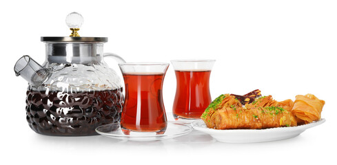 Tasty Turkish tea and baklava isolated on white