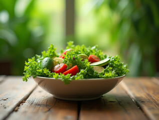 Bowl of healthy raw vegetables on wooden table