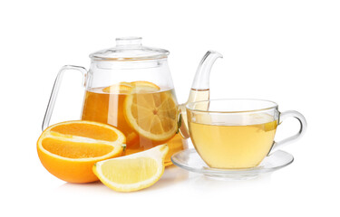 Aromatic fruit tea with orange and lemon isolated on white