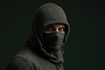 Hooded figure with face mask, intense gaze