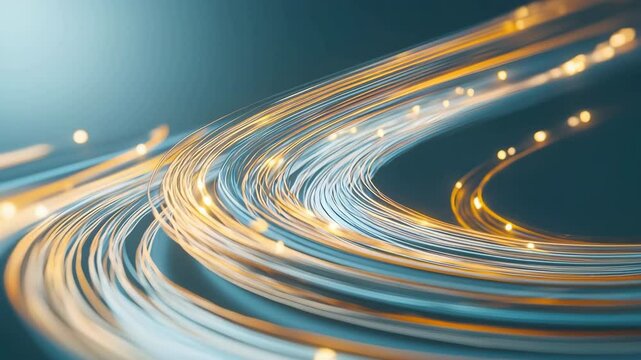 Abstract glowing fiber optic cables with vibrant light trails in blue and yellow hues.