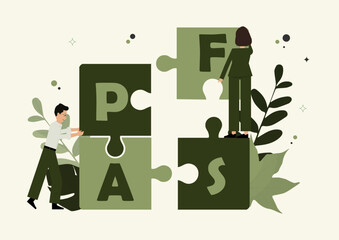 Business Team Assembling PFAS Puzzle. professionals collaborating to connect puzzle pieces forming PFAS letters, symbolizing teamwork and problem-solving. PFAS concept. vector illustration