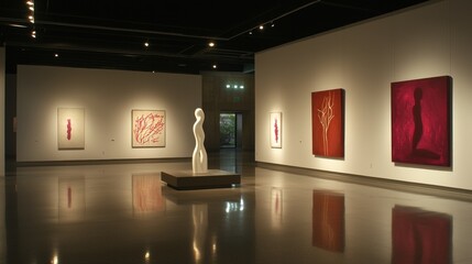 An art gallery showcasing various paintings and a central white sculpture