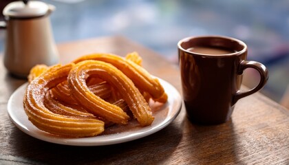 rico desayuno puesto encima de una mesa de madera de un local con plato de churros espanoles y una taza de chocolate o cafe blanca con fondo desenfocado