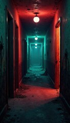 Obraz premium Creepy haunted hallway with cobwebs and spiders, cobweb-covered door, haunted house, creepy hallway
