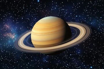Ringed planet with layered yellow atmosphere and numerous rings in space amidst distant stars