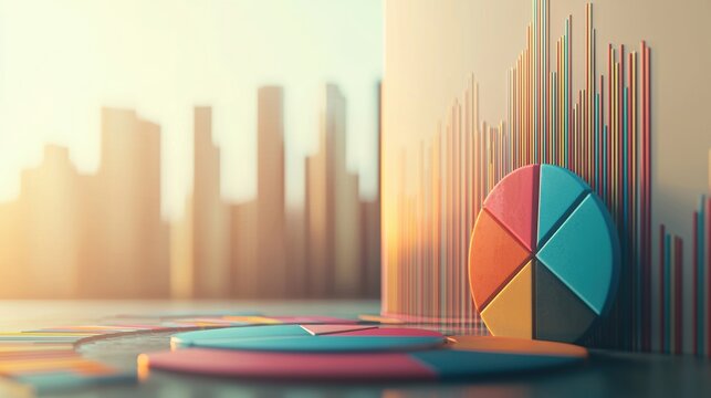 A vibrant set of colorful pie charts and bar graphs illustrate financial growth against a blurred city skyline backdrop at sunrise signifying successful business analytics.