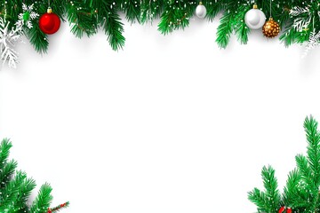Festive frame with fir branches, ornaments, snowflakes creates a cheerful seasonal border. Ideal for holiday themed layouts