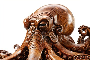 Carved wooden octopus. Detailed texture and curling tentacles against white background. Intricate design