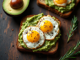 Healthy avocado toast for breakfast with rye bread, avocado puree toast and fried eggs on wooden table