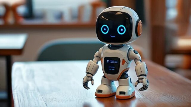 A futuristic robot character brings a playful yet innovative presence, positioned on a wooden surface, set against a backdrop of a cozy cafe, showcasing its modern, user-friendly design.