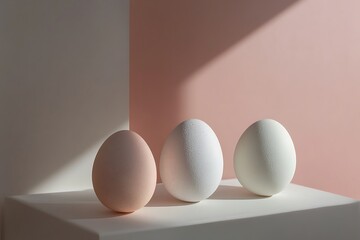 .	•  Minimal composition of pastel-colored eggs with a gentle pink-to-light backdrop