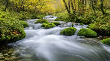 Obraz premium A scenic river flows through the autumnal forest landscape