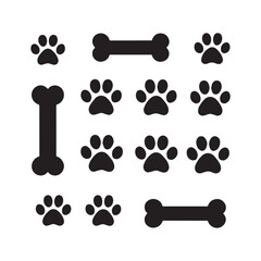 Paw and bone Icon Collection Paw and bone Icon Silhouette Set Paw print simple  white background