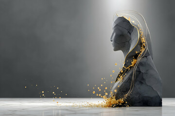 Obraz premium Abstract grey marble bust with gold accents and particles, profile view against dark background