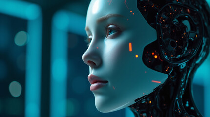 Artificial intelligence, ai futuristic digital technology, robot or android face close-up, digital smart future world concept