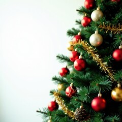 Christmas tree with colorful balls, tinsel, and garland, winter, festive, christmas decorations