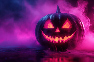 Halloween pumpkin with glowing eyes and smoke.