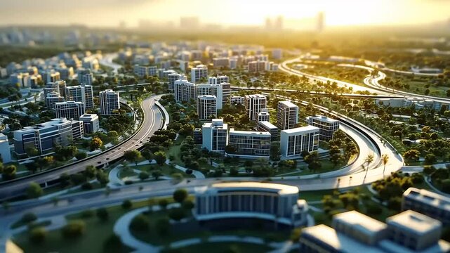 Aerial view of a modern urban landscape at sunset, showcasing winding roads and green spaces