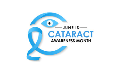 Cataract Awareness Month is observed annually in June.  A progressive clouding of the eye's lens, causing blurred or dimmed vision. Realistic Ribbon with eye's lens.Banner poster, flyer and background