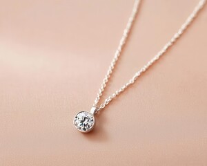 Fototapeta premium Sleek modern drop earrings with a long silver chain and a single diamond at the end, isolated on a matte taupe surface