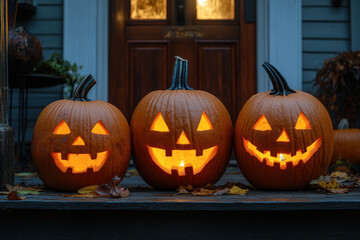 Fototapeta premium Three carved pumpkins on a porch with glowing candles inside, casting spooky shadows on Halloween night.