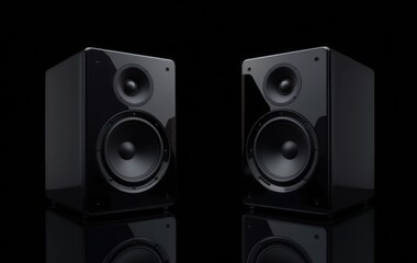 Fototapeta premium Two sleek, modern speakers stand prominently against a deep black background, showcasing their glossy finish and intricate design. The subtle reflections enhance their stylish appeal.
