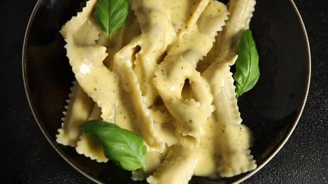 Pasta pappardelle filling main course appetizer dish fresh gourmet food background on the table rustic food top view copy space