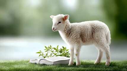 Obraz premium Fluffy lamb beside an open book and greenery on grass