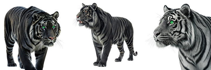 Obraz premium Set of a black tiger with green eyes isolated on a transparent background