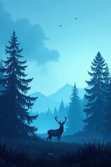 Misty forest landscape featuring silhouette of deer and trees against a clear blue sky, blue, mist