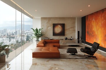 Modern living room with large window brown sofa and city view.