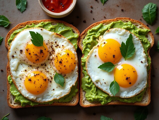Healthy avocado toasts for breakfast with rye bread, avocado puree toast and fried eggs on wooden table