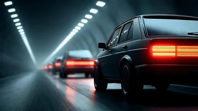 Automobiles driving fast inside a tunnel, motion blur of cars in a row, dim futuristic urban environment, traffic, dark mood, automotive journey