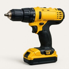  a yellow and black cordless power drill positioned upright on a white background