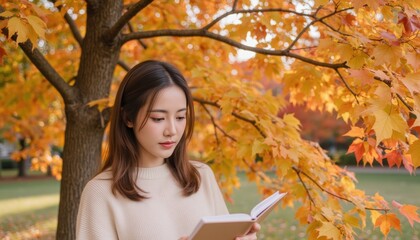 Fototapeta premium Young Woman Reading Book Under Vibrant Autumn Leaves in a Park Setting