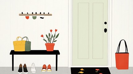Stylish Home Entrance with Shoes, Baskets, and Potted Plants
