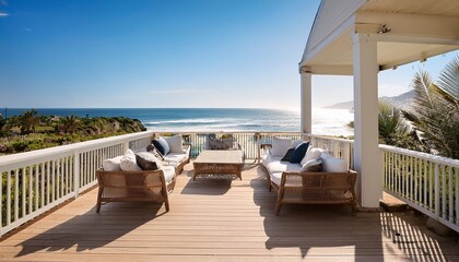 Fototapeta premium coastal inspired outdoor patio with relaxed seating and ocean views
