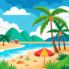 Fototapeta premium Beach landscape with palm trees and colorful umbrella