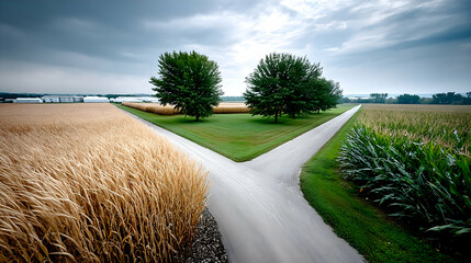 Rural crossroads with wheat and corn fields under a dramatic sky