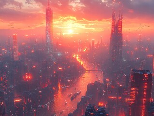 Cityscape at sunset with tall buildings and a river reflecting the light.