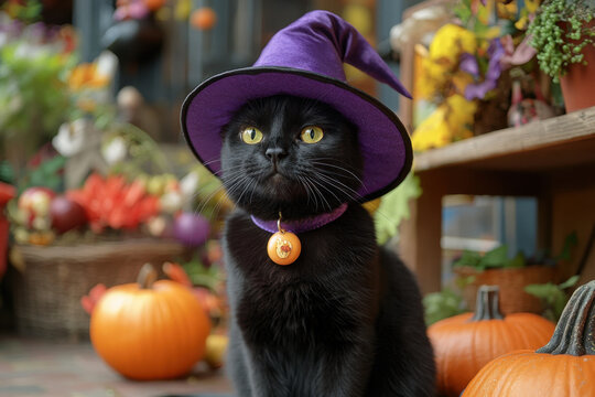 A black cat in a witch hat with a purple bow.
