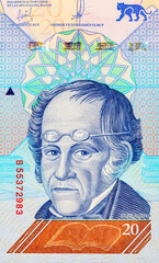 20 Bolivares Venezuela with a portrait of Simon Rodriguez. Money of Venezuela.
