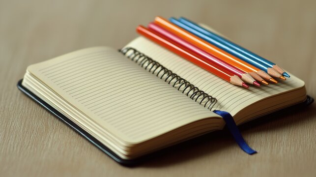 A vibrant collection of colored pencils rests neatly on the pages of an open spiral-bound notebook, ready for creative writing or sketching on a light wood desk background.