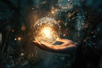 Glowing orb held in a hand, mystical forest backdrop