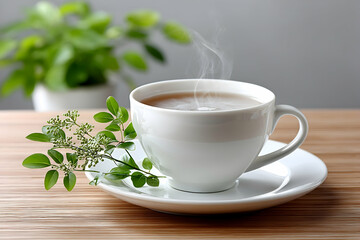 Steaming cup of tea on saucer with fresh green sprig on wooden table